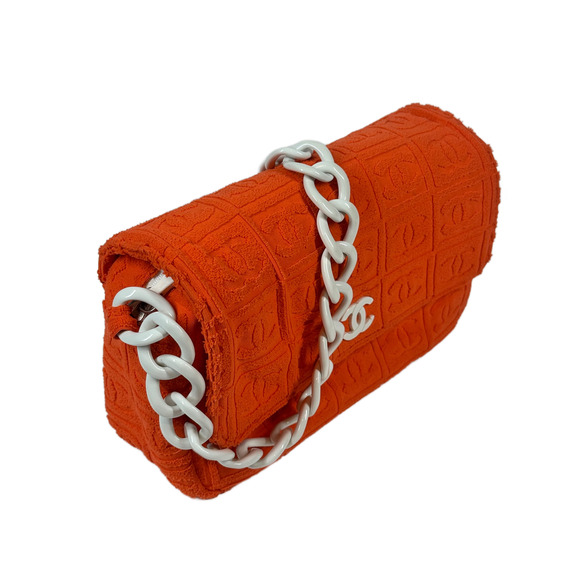 Chanel Orange Terry Cloth Sport Line Flap Bag w White Resin Chainlink Hardware - Picture 3 of 8